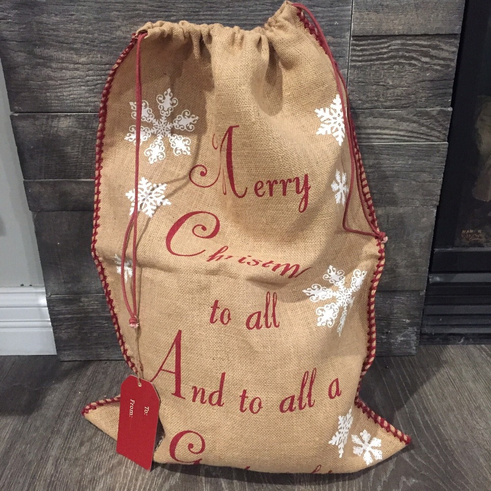 29" x 20" Burlap Merry Christmas Snowflake Farmhouse Holiday Gift Bag Toy Sack